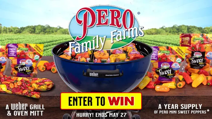 Enter for your chance to win a year's supply of Pero Mini Sweet Peppers and other sweet prizes. National Pero Mini Sweet Pepper Day is May 23 and Pero Family Farms is celebrating all month long with a sweepstakes. Grand prize winners will also receive a Weber® Grill and a Sweet Oven Mitt and they will also be hosting weekly drawings for free veggies; enter below for your chance to win!