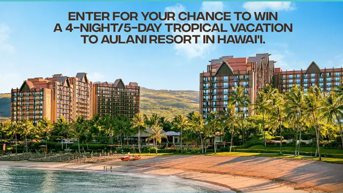 Enter for your chance to win a trip for four to Aulani, A Disney Resort & Spa in Ko Olina. Make a splash and flip your fins with the all-new live-action fil, Disney's "The Little Mermaid" swimming into a theater near you. To experience a land and sea adventure that inspired Ariel, enter for your chance to win your own 4-night land and sea experience at AULANI, A Disney Resort and Spa in Hawai'i.