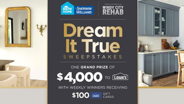 Enter for a chance to win a grand prize of $4,000 to Lowe's® plus a color consultation with a top HGTV Home® by Sherwin-Williams designer. Weekly prize is a $100 Lowe's gift card