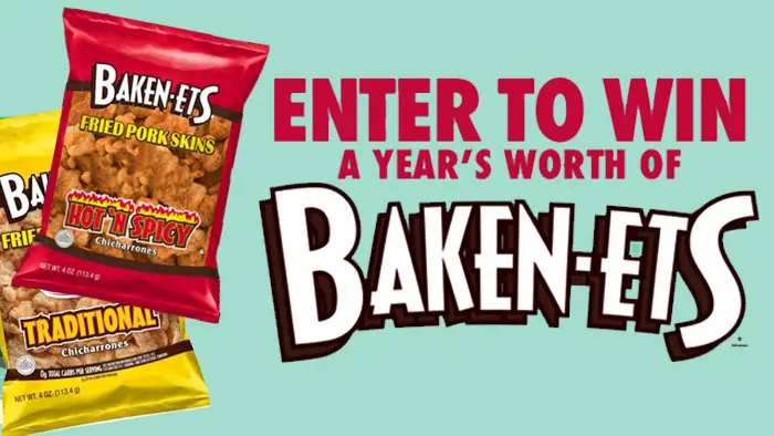 Enter for your chance to win a year's worth of Frito-Lay's Baken-Ets products. BAKEN-ETS® pork skins have been America’s favorite pork skin snack for over 50 years. We cook each crispy, crunchy bite to perfection to bring you the great flavor that’s been loved for generations. 