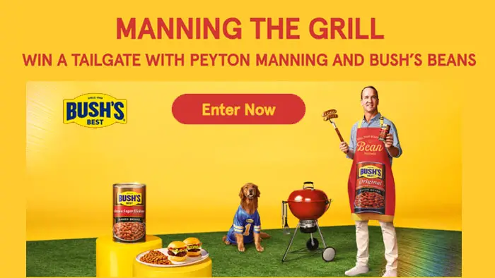 Enter for your chance to win a tailgate with Peyton Manning and Bush's Beans! The winner will receive a private tailgate experience in Knoxville, TN with Peyton Manning on the grill + Bush’s Baked Beans on the menu, plus tickets to the game! Additionally, they will receive a year’s supply of Bush’s Baked Beans plus a new grill from BBQGuys.com. 20 contest runners up will win Peyton-approved “Dad Packs” including Bush’s and BBQGuys signature merchandise and grilling essentials.