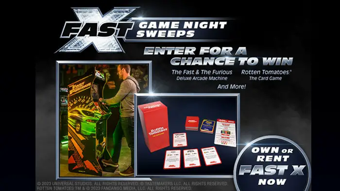 Rotten Tomatoes wants you to enter for a chance to win The Fast & The Furious Deluxe Arcade Machine, the Rotten Tomatoes: Card Game, and Fast & Furious 9-Movie Collection.