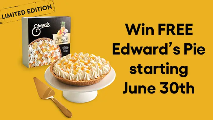 Starting on June 30th 100 lucky pie lovers will score an EDWARDS® Pie Lovers Passion Fruit pie! Featuring flavors of coconut passion fruit mousse, mango crème, pineapple lemongrass cream, garnished with tropical jellies, pineapple compote, and gold leaf, all contained in a fresh-baked vanilla cookie crumb crust.