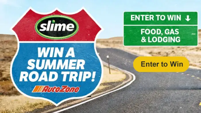 Enter for your chance to win a Summer Road Trip from AutoZone and Slime. You provide the car, we provide everything else! Win gas, food, lodging & emergency roadside essentials, courtesy of Slime and AutoZone. 