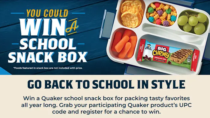 Play the Quaker Back to School Instant Win Game daily for your chance to win one of 14,800 Bento-style Quaker-branded lunch box. Grab a FREE UPC code below to play. Win a Quaker school snack box for packing tasty favorites all year long. Grab your participating Quaker product’s UPC code and register for a chance to win.