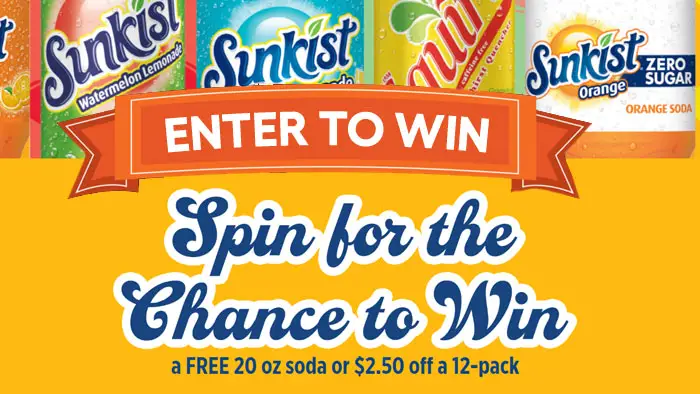 Spin the wheel to see if you can win a FREE Sunkist/Squirt 20 oz soda or $2.50 off a 12-pack. There will be over 41,000 winners in the Sunkist/Squirt Spin the Wheel Instant Win Game. Play daily for your chance to win.