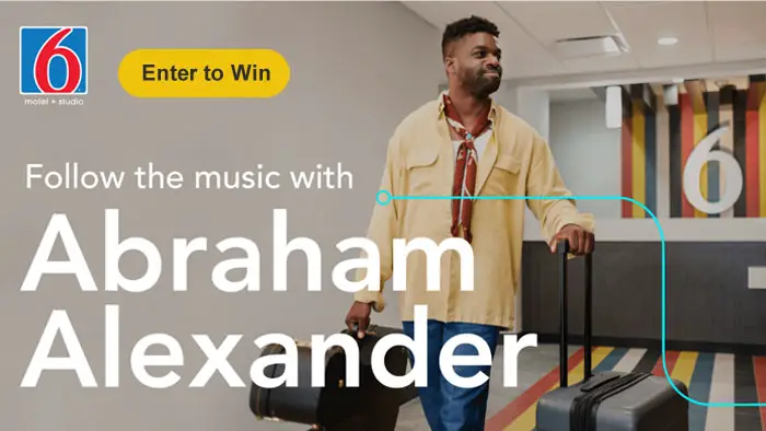 Enter the Motel 6 Abraham Alexander Sweepstakes for your chance to win for a chance to win a trip to Austin, TX including 3-Day VIP festival tickets and hotel accommodations for you and a friend from October 13th through October 15th.