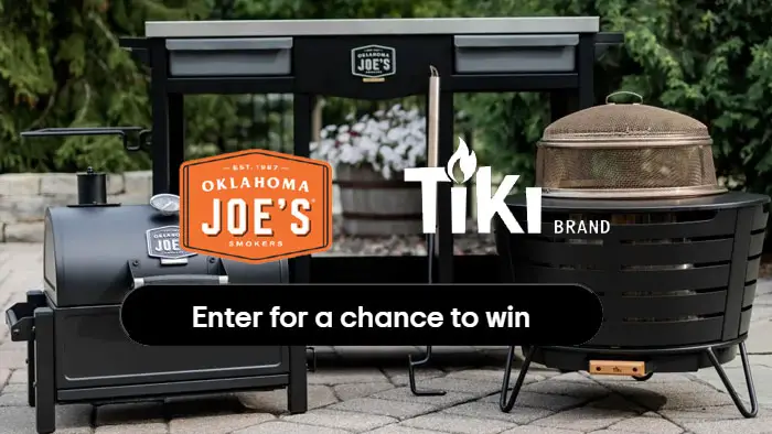 Enter the Oklahoma Joe’s Brand TIKI Brand Giveaway to win a TIKI® Brand Patio Fire Pit and a TIKI® Brand Fire Pit Screen & Poker PLUS an Oklahoma Joe's® Rambler Tabletop Charcoal Grill and the Oklahoma Joe's® Workstation DLX.
