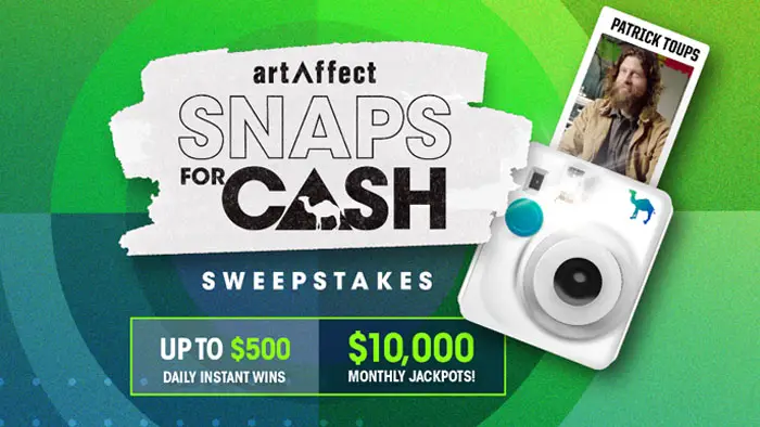 Play the Camel Artaffect Snaps for Cash Instant Win daily for your chance to win CASH Prizes! Caily cash prizes. Monthly $10,000 jackpots. Celebrate artAffect artists and win cash to fund your next creative adventure