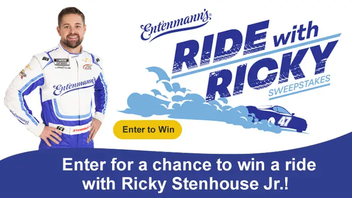 Enter Entenmann’s Ride with Ricky Sweepstakes for a chance to win a thrilling trip to watch the #47 Entenmann's race team in full swing while scoring four (4) tickets to attend a race in the chosen destination and an unforgettable lap with Ricky Stenhouse Jr. Plus, you could win one of 160, $100 Kroger gift cards, one for each lap of the race, making the August 26, 2023, Daytona race, even sweeter.