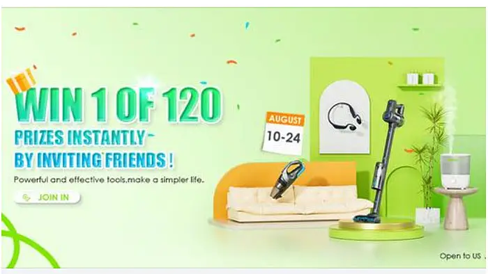 Enter for your chance to win prizes from oraimo including vacuum cleaners, headphones, humidifiers and fast chargers. Just invite your friends to enter and earn points. Once you reach the point level for the prize you get it for Free! Win 1 of 120 prizes instantly by inviting friends.