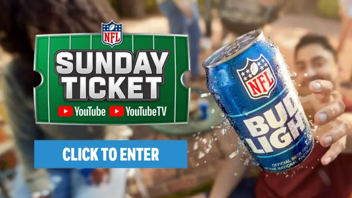 Play the Bud Light NFL Sunday Ticket Instant Win Game daily and you could score FREE NFL Sunday Tickets from YouTube and YouTube TV this season. Watch Every out-of-market Sunday afternoon game