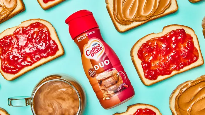 100 Winners! Introducing Coffee mate® Peanut Butter & Jelly Flavored Duo Creamer, featuring delicious notes of creamy peanut butter flavor swirled with sweet hints of strawberry jelly flavor.