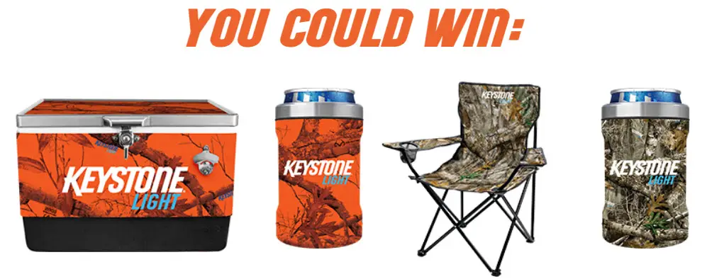 Look for and find a Keystone Orange or Blue Camo can and you could win some great prizes including Keystone coolers, hats, t-shirts, beanies, beverage wraps, camp chairs, and more. Over 2,500 prizes to be won!