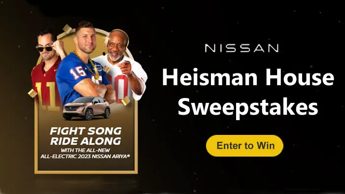 Enter the Nissan Heisman House Sweepstakes to win prizes including tickets to the Heisman Ceremony, college football games, and more. You can enter the sweepstakes daily and earn bonus points. The minimum age to enter is 18