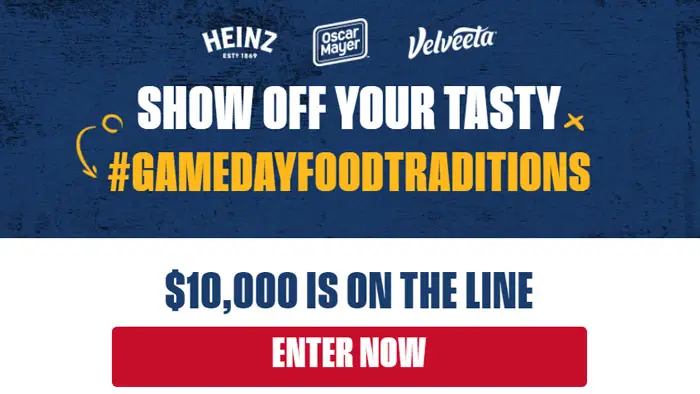 Share what makes your gameday food traditions stand out. It could be the best-dressed hot dog, award-winning chili, your full setup, or even a food-related ritual? Share a photo and if you’re selected, you’ll win a $10,000 grand prize or a $100 prepaid