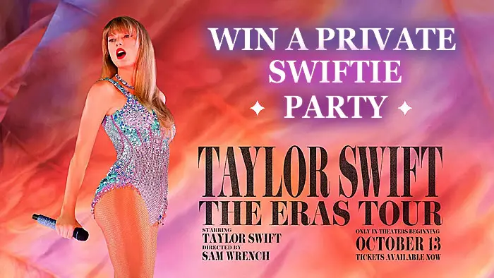 Are you a #Swiftie? Here's your chance to WIN a private screening for up to 40 guests for the “Taylor Swift The Eras Tour” movie #TaylorSwiftErasTour coming in October at participating Cinemark locations. TAYLOR SWIFT | THE ERAS TOUR Concert Film hits theatres 10/13, and Cinemark theatres is ready for it. Relive the iconic concert tour on the big screen, with exclusive merch, private screenings, giveaways and more - 17 years, 10 eras, and countless hits. Don't miss your chance to see the performance of a lifetime.