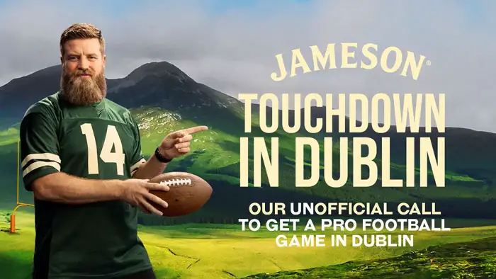 Enter for your chance to win $5,000 in cash to use for a trip for you and a guest to Dublin, Ireland if a Professional American Football game touches down in Dublin. Play the instant win game daily for your chance to win Jameson merch instantly