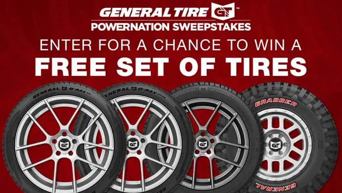 Enter for a chance to win a certificate good for a FREE set of 4 General Tires! For that past 100+ years, General Tire has brought you SUV/truck tires, commercial tires, and passenger tires that go faster, grip harder, last longer.