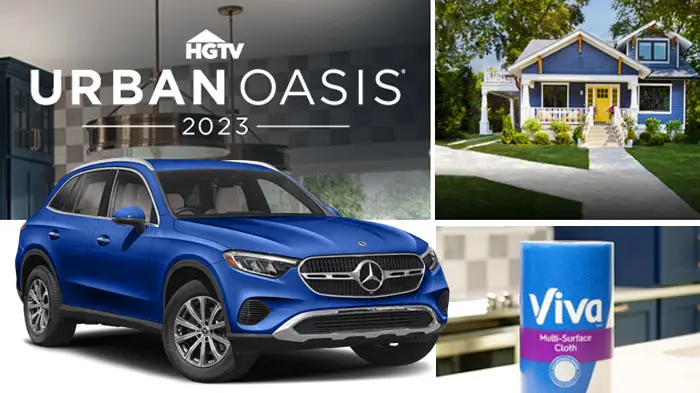 Enter for a chance to win HGTV Urban Oasis® Home, an all-new 2023 Mercedes-Benz GLC SUV, and $50,000 from Viva along with a 5-year supply of the softest, most durable paper towels. Enter twice online per day – once on HGTV.com and once on FoodNetwork.com 