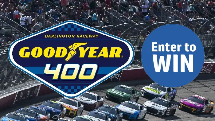 Enter the Goodyear 125th Sweepstakes for your chance to win a trip for two to attend the Goodyear 400 at Darlington Raceway in South Carolina. You could be headed for a heart-racing, high-flying experience at the 2024 Goodyear® 400 – or bring home other exclusive prizes – as we celebrate NASCAR®, Goodyear® and our thrilling history together.