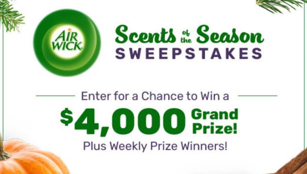 Enter the Air Wick Scents of the Season Sweepstakes daily for your chance to win the $4,000 Grand prize awarded in the form of a check or a weekly Air Wick Gift Basket made up of various Air Wick products