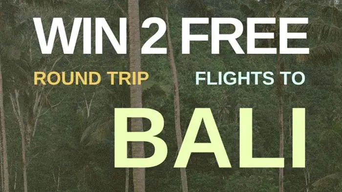 Enter to win a trip to Bali for two! The Winner will embark on an exciting trip to Bali, Indonesia anytime before December 2024. You will receive two roundtrip tickets and a week long stay at our Pomelo Outpost — a $4000 value! 