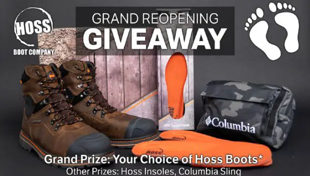 Enter 2BigFeet's Grand Reopening Giveaway today. The grand prize is any pair of Hoss Boots on their website! You could also win a pair of Hoss insoles or a Columbia Sportswear camo crossbody sling bag. Prizes provided by Hoss and Columbia Sportswear
