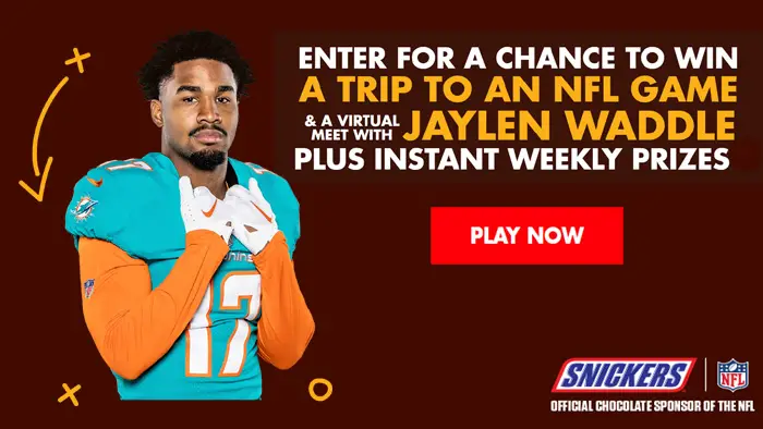 Play the Snickers NFL Circle K Instant Win Game daily for a chance to win a trip to an NFL game & a virtual meet with Jaylen Waddle plus instant weekly prizes