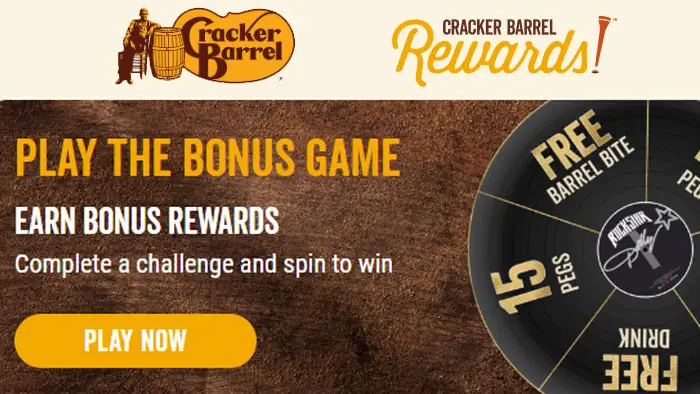 Complete Challenges. Earn bonus rewards. Complete all the challenges for a Rockin' Rreward - 150 pegs. Play the Cracker Barrel Rewards Dolly Rockstar Bonus Instant Win Game to win free food and Rewardpegs