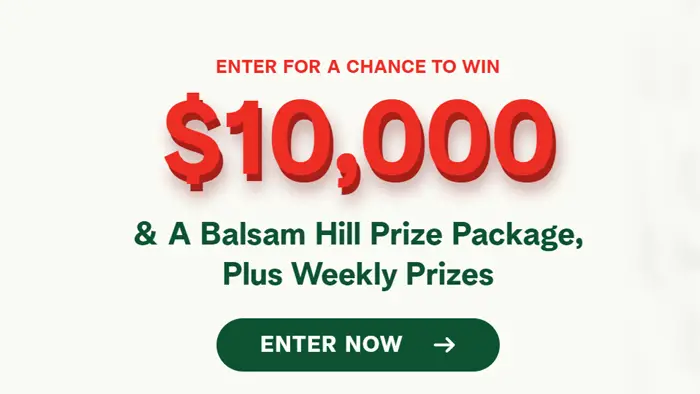 Enter for your chance to win $10,000 Cash in Hallmark Channel’s Holiday Home Decoration Sweepstakes Plus a beautifully life-like Balsam Hill Christmas tree, decorated with a complete set of elegant Burnished Metal ornaments, handcrafted capiz tree topper and an antique mirror tree collar.