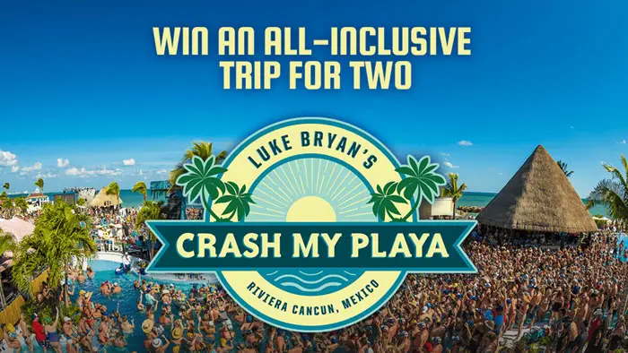 Enter for a chance to win a trip for two to experience Luke Bryan’s Crash My Playa in Riviera Cancun, Mexico. Luke Bryan’s Crash My Playa will return to Riviera Cancun, Mexico in 2024 and Country Now has your chance to win the ultimate country music getaway: an all-inclusive trip for two to experience the epic destination event! 