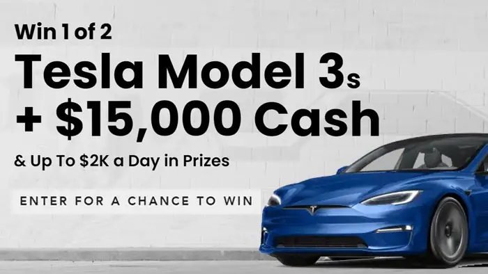 Enter for your chance to win 1 of 2 Tesla Model 3s + $15,000 Cash PLUS Starting on November 9 – through November 28th, one daily prize winner will be randomly selected and will receive a “mystery” gift consisting of either apparel, an Aventon Ebike, or a gift card