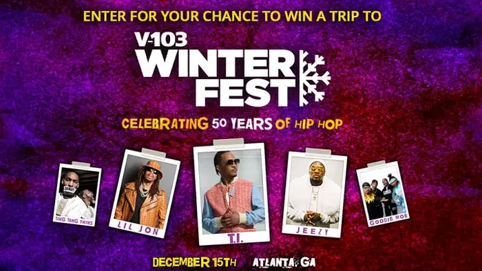 Audacy is celebrating 50 years of Hip-Hop with Audacy’s Winterfest in Atlanta, GA featuring T.I., Jeezy, Lil Jon, Ying Yang Twins, and more! Enter now for your chance to win a trip to Atlanta to attend Wintefest where you will get to meet an artist at the show, with roundtrip airfare, a $100 Gift Card, and a two-night hotel stay!  