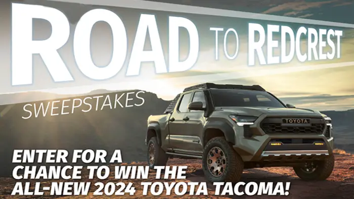 All roads in Major League Fishing lead to the REDCREST 2024 world championship, and Toyota wants to take you along for the ride with a chance to win a 2024 Toyota Tacoma. One winner will receive a trip to the REDCREST Expo in Birmingham, AL, and 1 of 3 finalist spots for a chance to win a Tacoma on stage at the REDCREST Expo finale on Sunday, March 17. Enter daily until February 11!