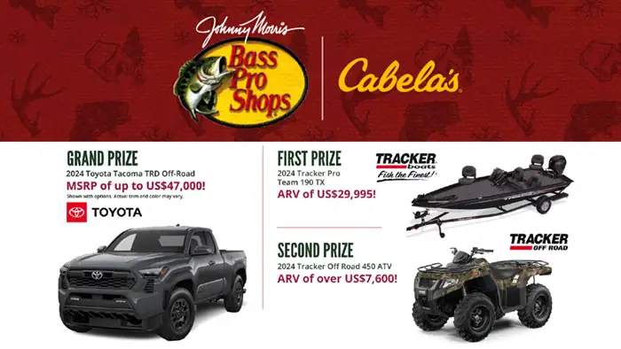 Enter Bass Pro Shops and Cabela’s The Great Outdoors Giveaway for your chance to win a 2024 Toyota Tacoma truck, a 2024 Tracker boat or a 2024 Tracker Off Road 450 ATV!