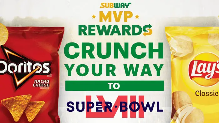 Subway® & Frito-Lay® want to send you to the #BigGame Super Bowl LVIII! Now through December 21nd, add a bag of Frito-Lay® chips to any sub, wrap, or salad purchase at a Subway® restaurant and you could win a trip to Super Bowl LVIII, including two game tickets, travel, hotel and more!