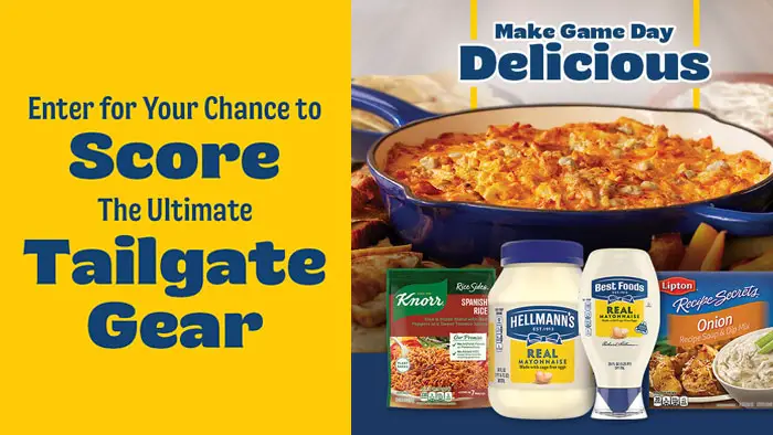 Five Lucky Winners will WIN all of the Tailgating Essentials you need to host the best party - $100 Gift Card, Branded Steel Cooler, and a Hellman's Best Foods Branded Cornhole Game to crank up the fun