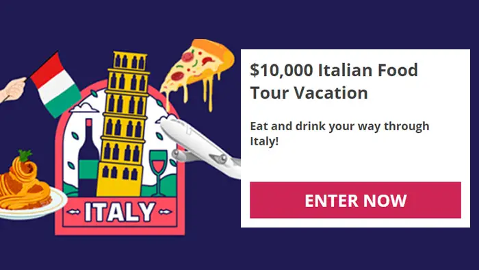 Enter for your chance to win a trip for 2 valued at $10,000 to tour Italy and enjoy its delicious cuisine. This all-inclusive trip includes everything you could desire as you eat and drink your way through Italy! Sponsored by Sweets&Savory and Two Lunches Media, LLC
