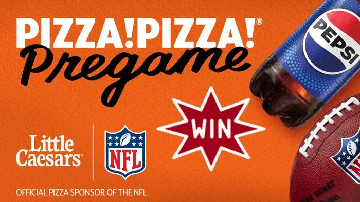 Enter for your chance to win FREE Little Caesars pizza, Pepsi, Crazy bread, and more in the Little Caesars Post Season Pizza! Pizza! Pre-Game Sweepstakes PLUS the grand prize is a $1,000 gift code on NFLShop.com and two season tickets to the winner's NFL team of choice. All purchases also automatically enter the sweepstakes for the Total Touchdown Prize Pack