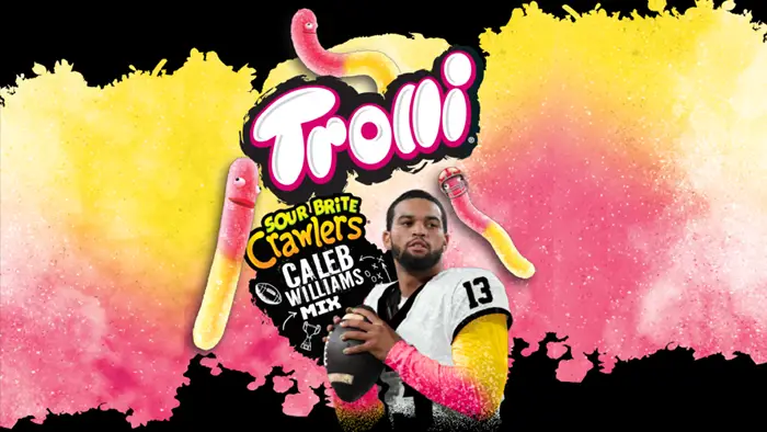 Enter for your chance to win a limited edition Trolli x Caleb Williams mix pack. Five lucky winners will receive custom Trolli merch signed by Caleb plus 4,000 other winners will win two limited edition bags of Trolli Sour Brite Crawlers Caleb Williams Mix