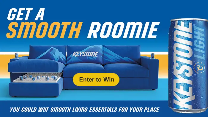 Enter the Keystone Light Near Campus Sweepstakes for your chance to make your spot extra smooth with a brand new couch, a TV or one of 480 streaming or gaming gift cards paid via Venmo and courtesy of Keystone Light.