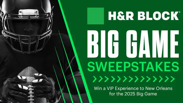 Enter the H&R Block Big Game Sweepstakes today because they are sending one lucky winner and their guest to New Orleans in February 2025! This grand prize is valued at $15,000!