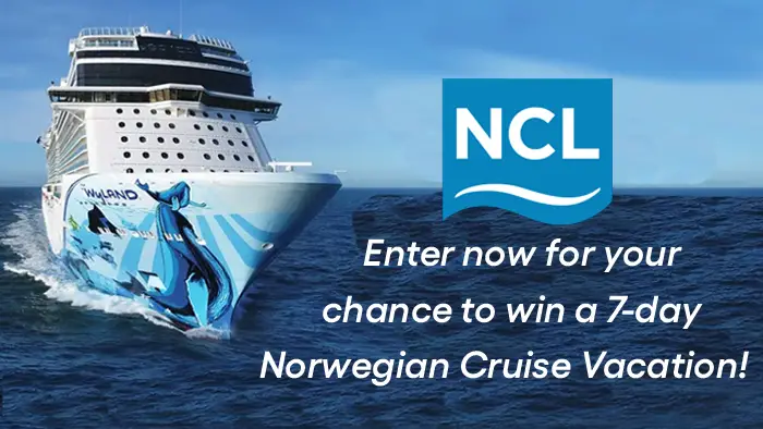Enter for your chance to win one of THREE seven day Norwegian Cruise Line cruises for two in a balcony stateroom with a $2,000 stipend to cover travel and accommodations. A grand prize valued at $6,000!