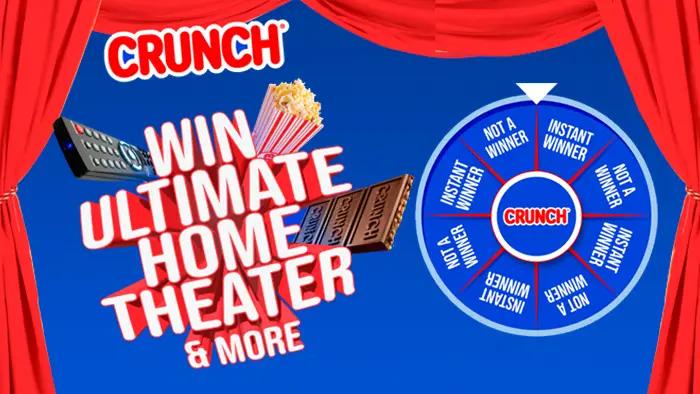 Play the CRUNCH Movie Night Instant Win Game daily for your chance to win your share of over 3,000 prizes! Bite into #CRUNCH and bring on the fun! Prizes includes an 85" TV, a branded sound bar, a popcorn machine, a $2,000 gift card, movie might kit and Free CRUNCH single bar coupons!