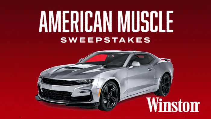 Winston Cigarettes American Muscle Sweepstakes daily for your chance to win a 2024 Chevrolet Camaro valued at $80,000 PLUS a cash payment of $35,000 or one of 475 other great prizes