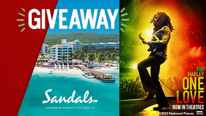 Enter for your chance to win a 4-day, 3-night luxury all-inclusive vacation at a Sandals Resort of your choice. The trip also  includes airfare for two, an Island Routes Reggae Catamaran & Snorkeling Cruise, and two vouchers for the Bob Marley Museum