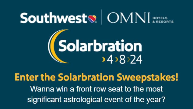 How would you like a front row seat to the most significant astrological event of the year? Enter the Solarbration (SWA + Omni Eclipse) Sweepstakes now for the chance for you and a friend to watch the total solar eclipse from the sky and stay in an eclipse-themed room at Omni Hotels & Resorts before and after your flight.