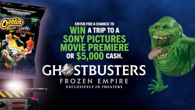 Enter the Cheetos Ghostbusters Sweepstakes for your chance to win  trip to a Sony Pictures movie premiere or $5,000 cash! PLUS other prizes include an official “Brick” Tile from the Ghostbusters firehouse, an Official Film Poster, and an Official movie prop PLUS California residents can win a Sony Pictures Tour Voucher. Transportation to/from tour not included with prizes