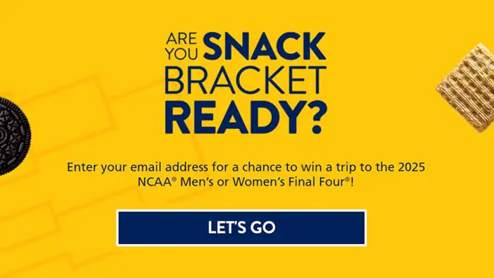 Enter for your chance to win a trip to the 2025 NCAA® Men’s or Women’s Final Four®. Play the Nabisco Are You Snack Bracket Ready Instant Win Game for your chance to win Free Nabisco product and swag and fan gear